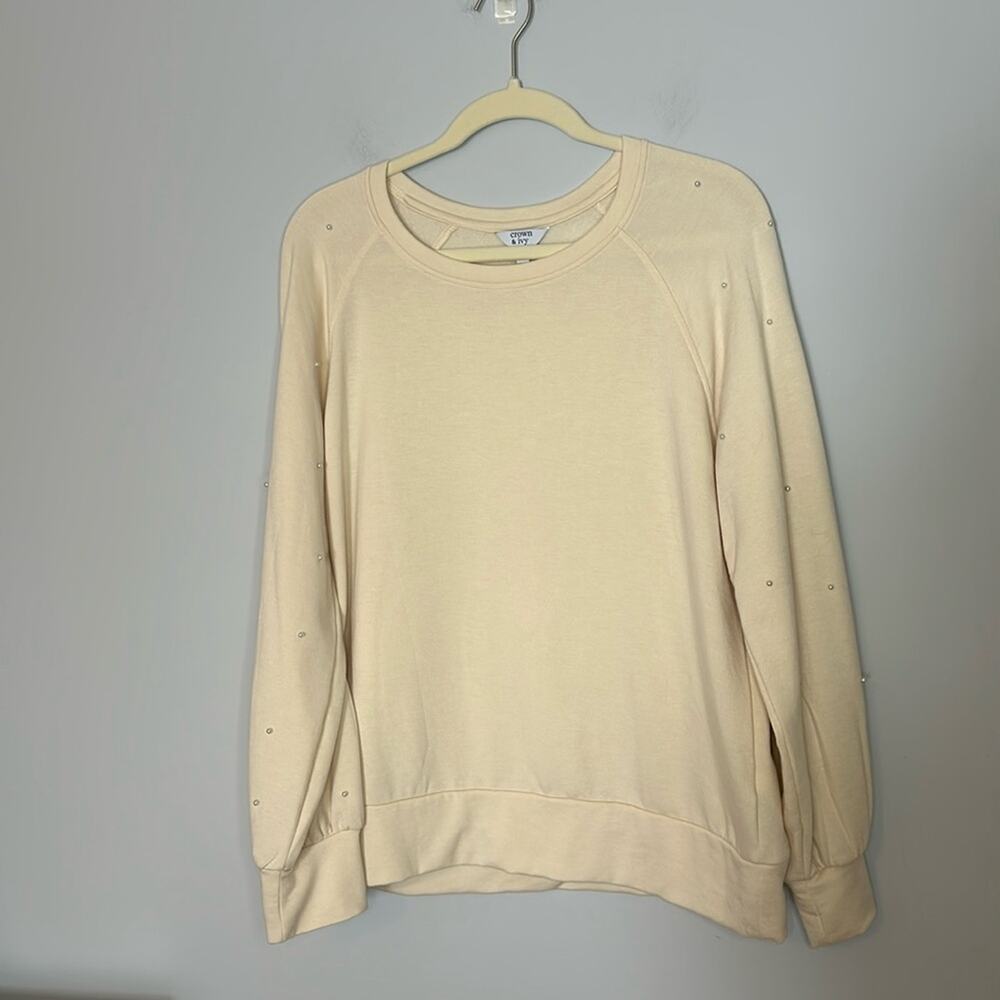 Crown & Ivy Womens Pearl Sleeve Sweater Size Large Ivory Crew Neck Stretch Soft